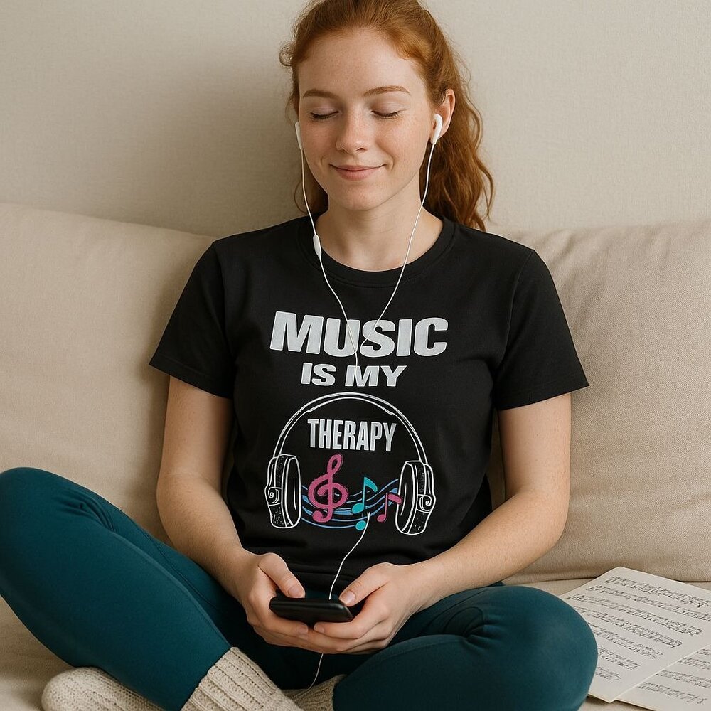 Music Is My Therapy T Shirt Size S Black Graphic Tee Headphones Treble Clef Note